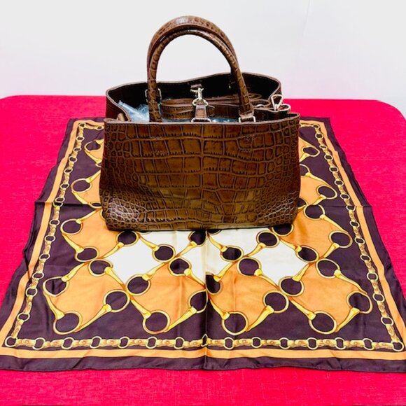 Unused  Cat In The Closet Leather Brown  Alligator Shoulder Bag+FREE Silk Scarf - Picture 5 of 16